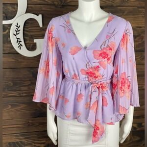 Entro | Pleated Flutter Sleeves Faux‎ Wrap Tie Front Peplum Hem Floral V-Neck